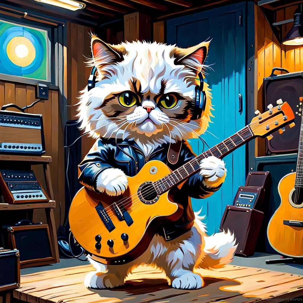 Persian Cat Rock Star in Expressionist Impasto Style