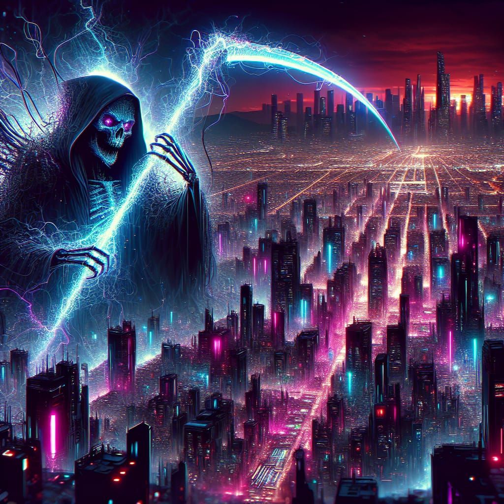 Cyberpunk City Ruled by Futuristic Grim Reaper