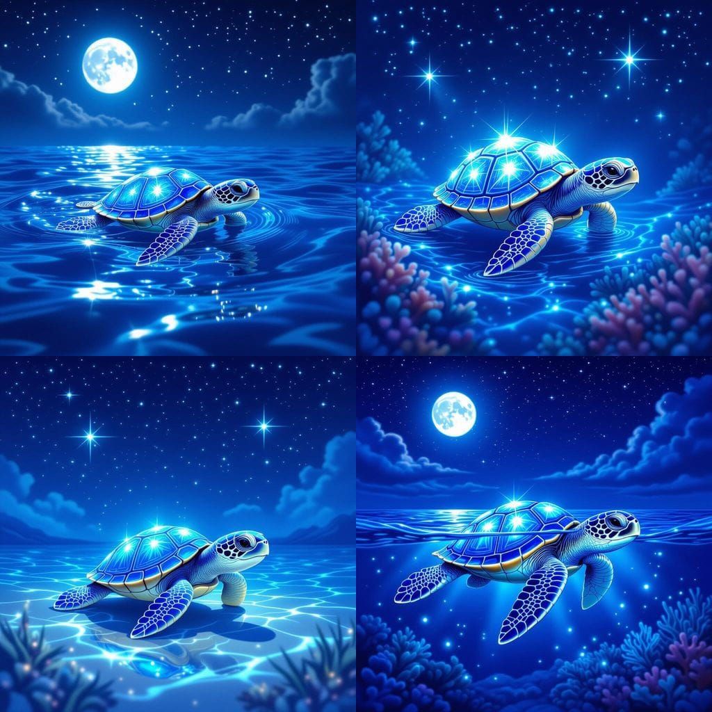 Crystal Baby Turtle Swimming Under Starry Night Sky
