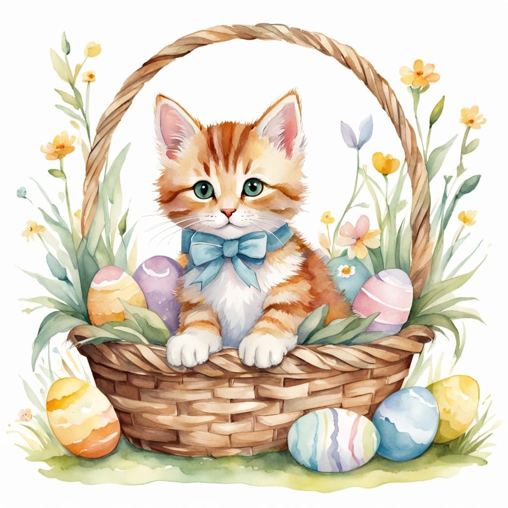 Whimsical Kitten in Easter Basket Illustration