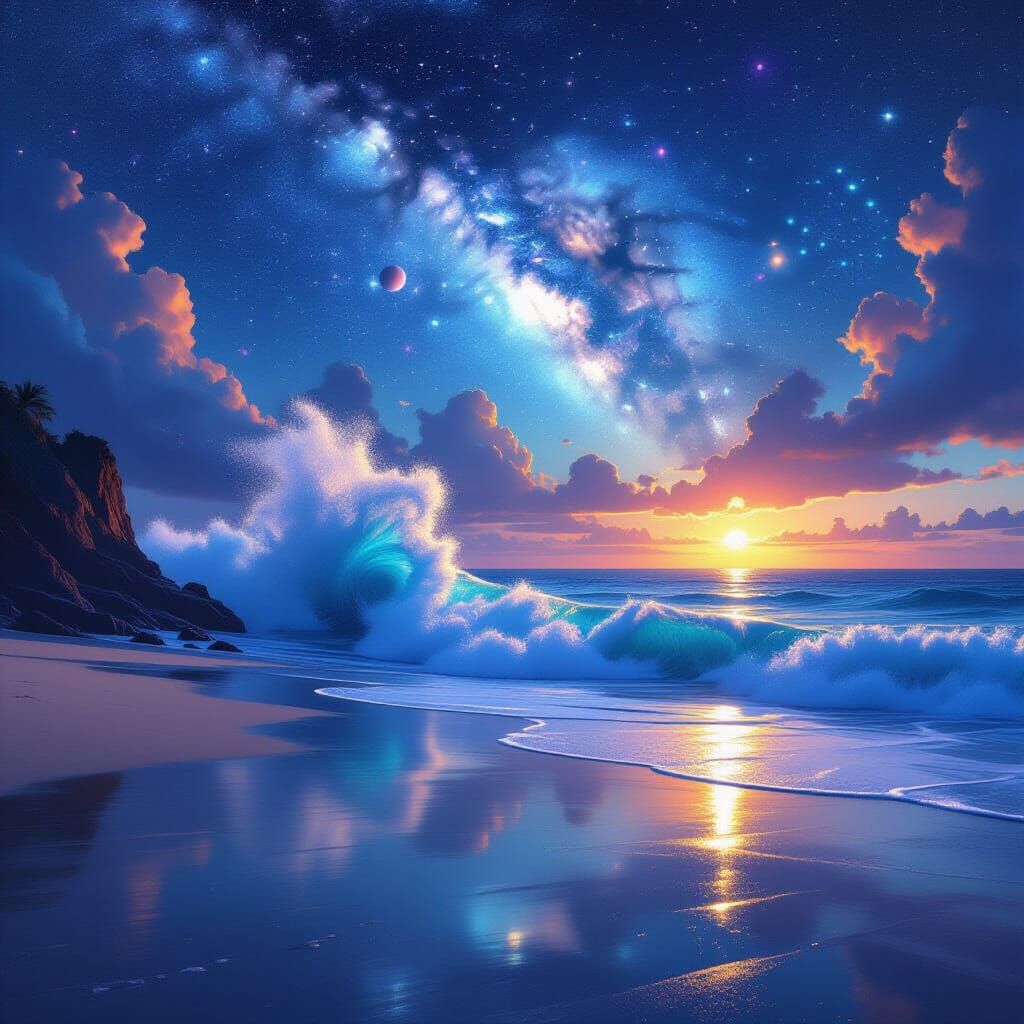 Starry Planet Sky Reflects Crashing Wave on Tropical Shore