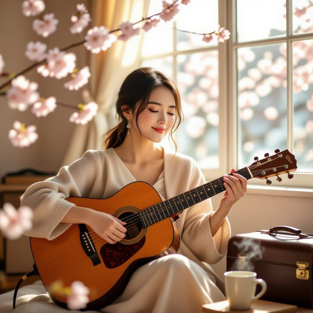 Contented East Asian Musician with Guitar in Sunlit Studio