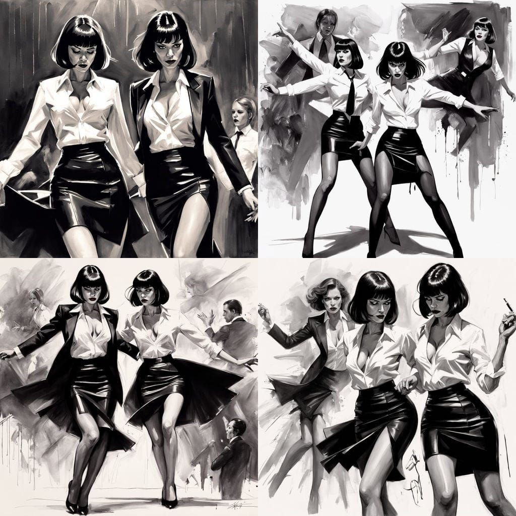 Two Women Sway to Jazz in a Rough Charcoal Sketch Dance Scen...