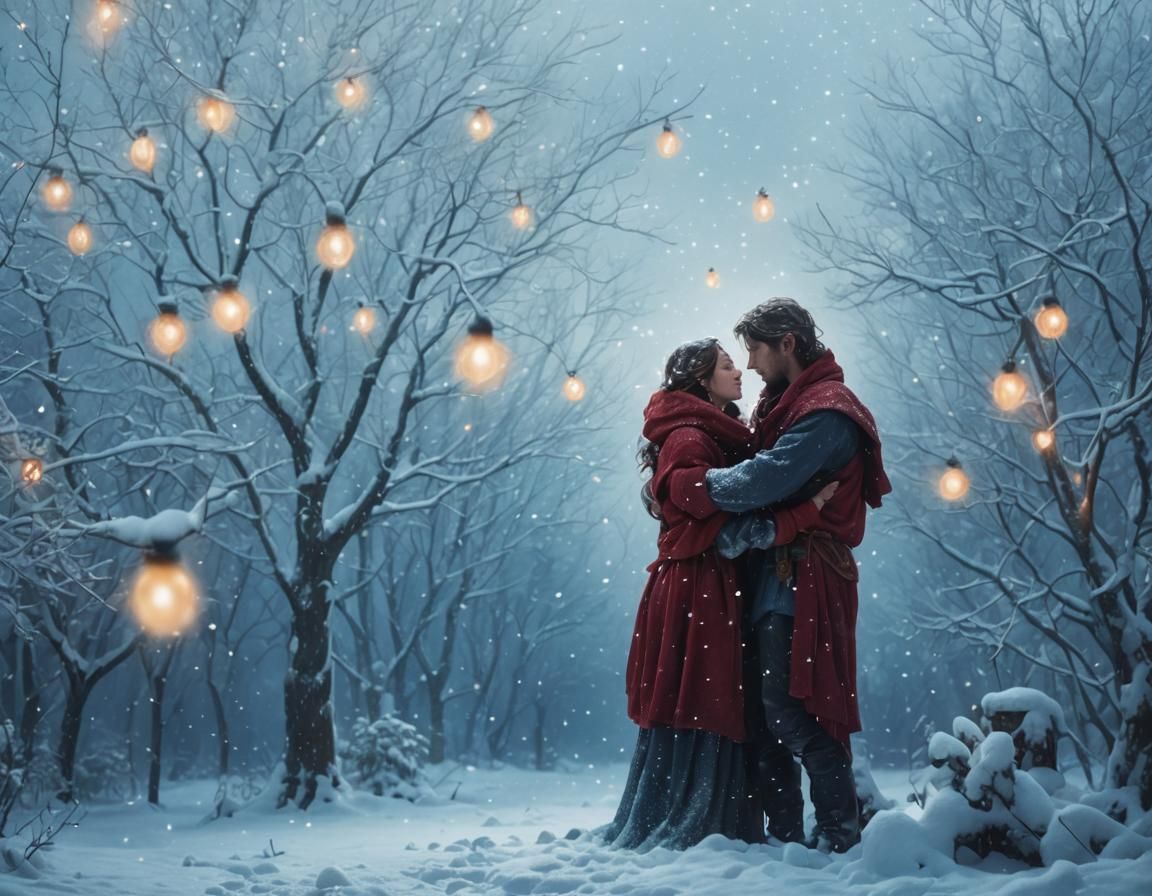 Lovers Embrace Under Magical Lights: High Fantasy Art
