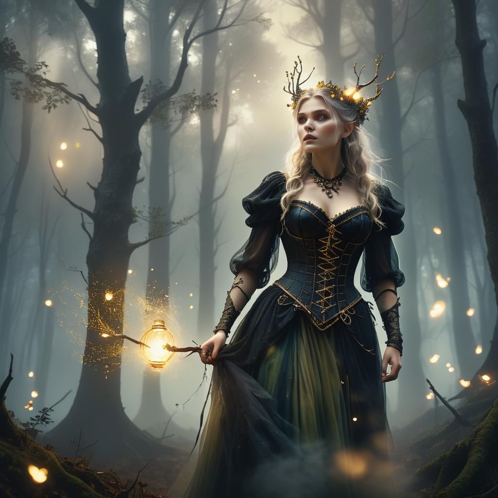 Forest Witch in Mist-Covered Woods: Cinematic Matte Painting