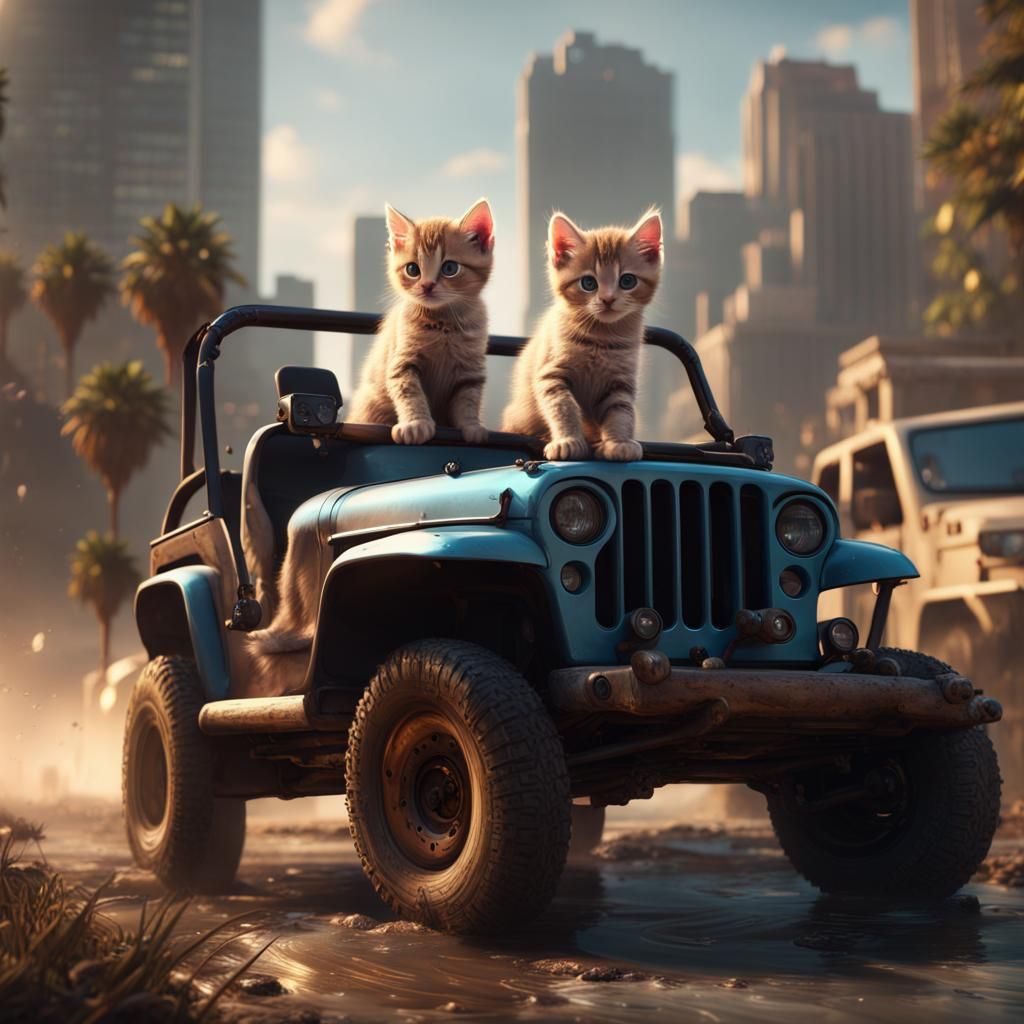 Kitten Rides Jeep in Los Angeles: Fantasy Art