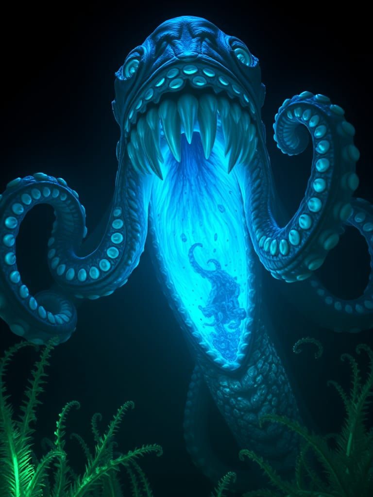 Colossal Bioluminescent Octopus Breaching Dark Waters in Sur...