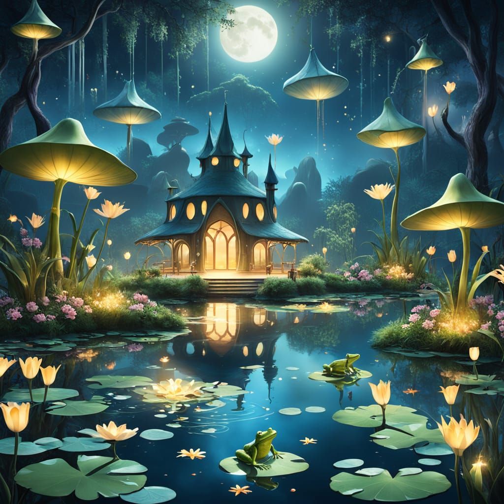 Magical Party on Enchanted Pond in Futuristic Style