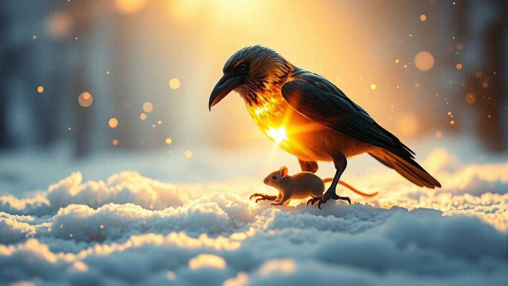 A Glowing Crow and Crystal Mouse Frolic in Winter Wonderland