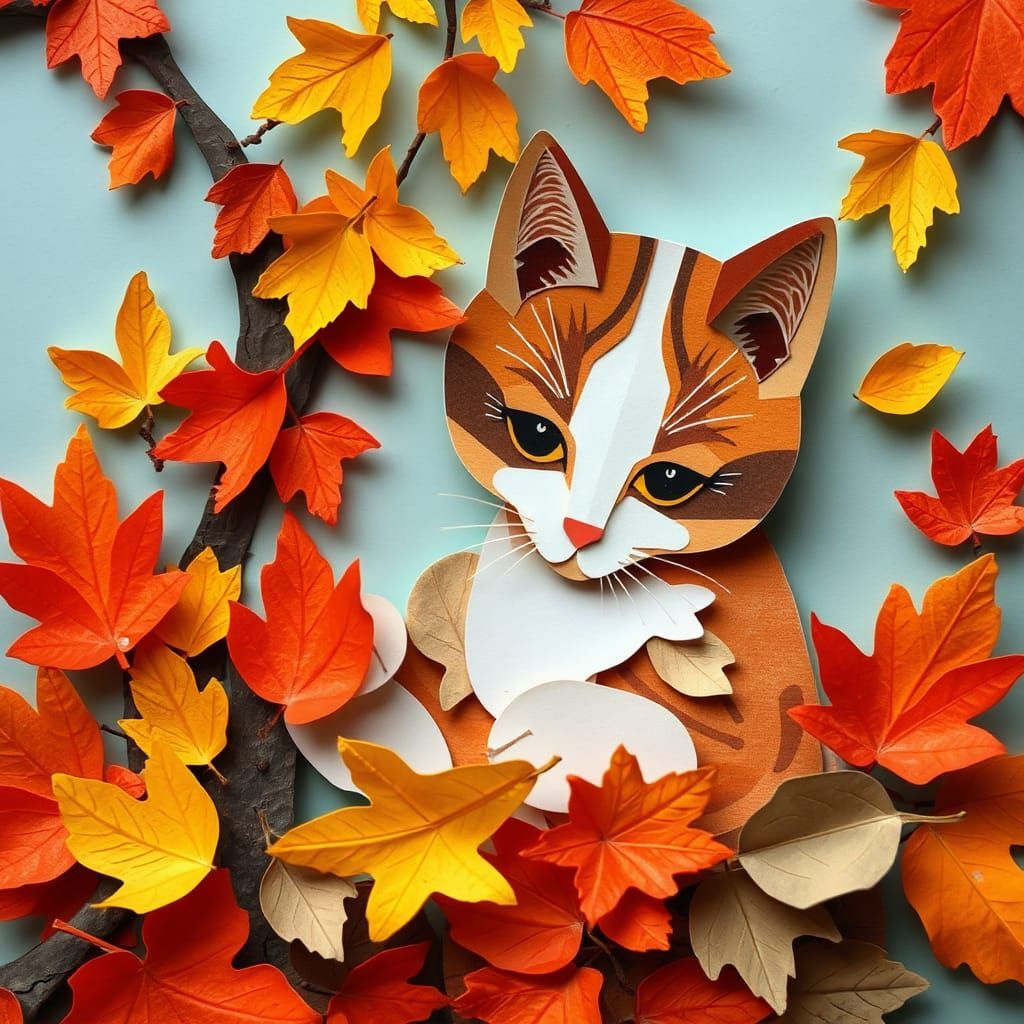 Autumn Cat in Papercore Kirigami Collage