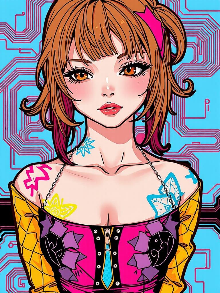 Ethereal Pin-Up Woman in Neon Graphic Style