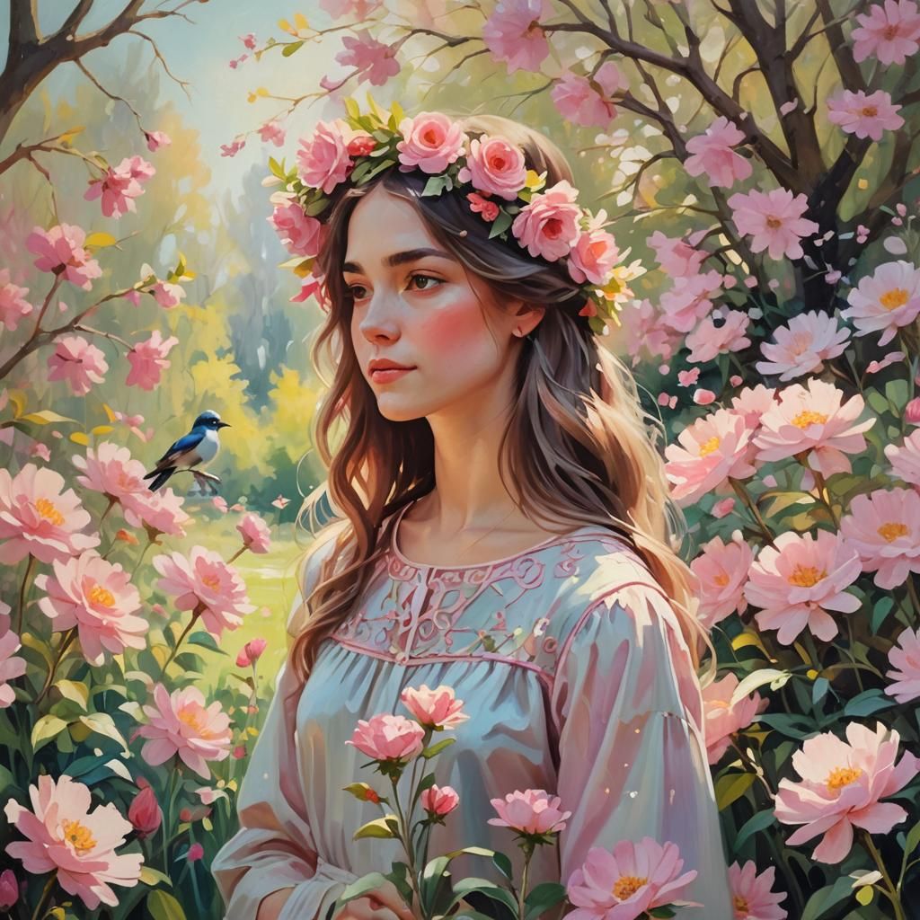 Impressionist Painting of Person Surrounded by Pink Flowers