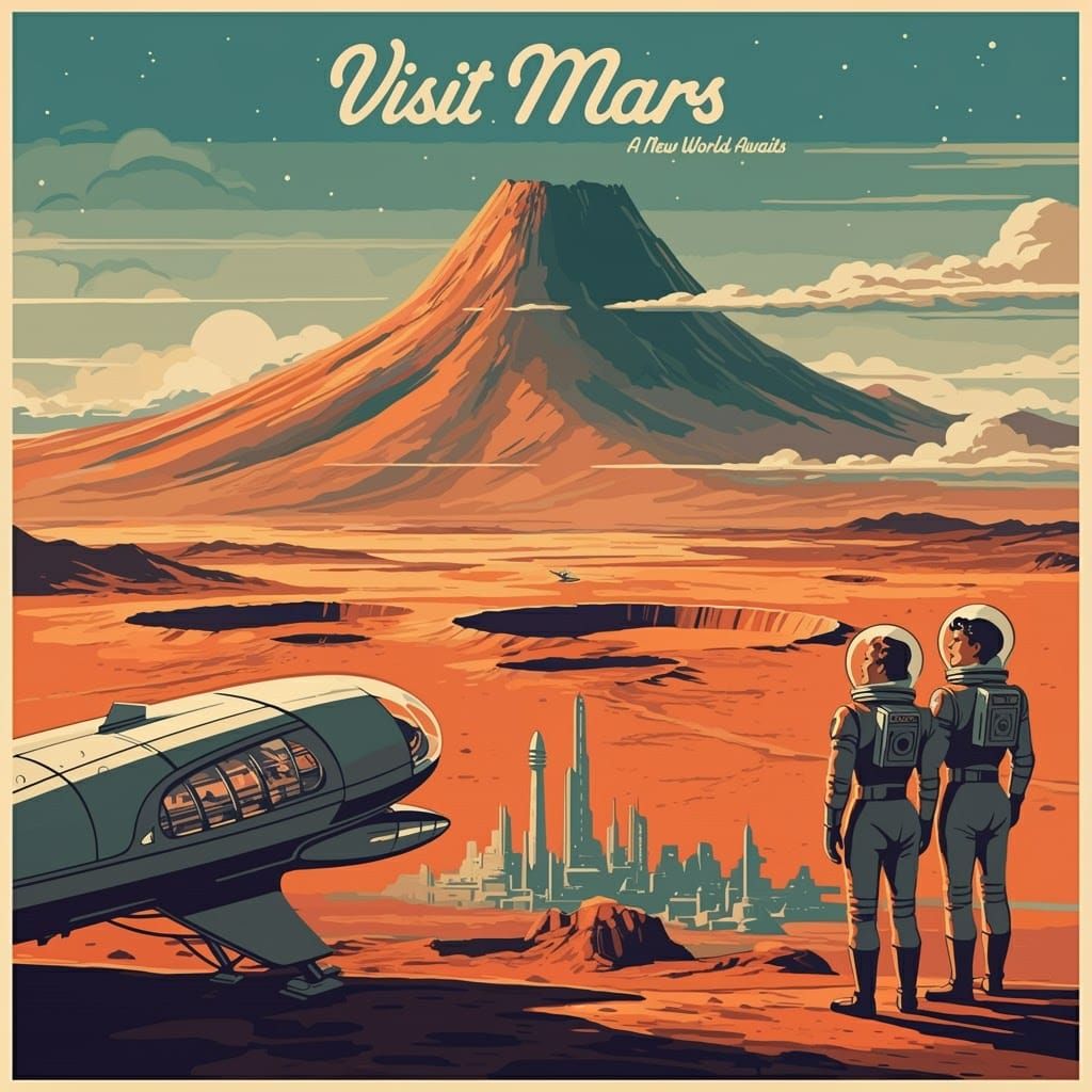 Retro-Futuristic Travel Poster of Mars in Pulp Art Style