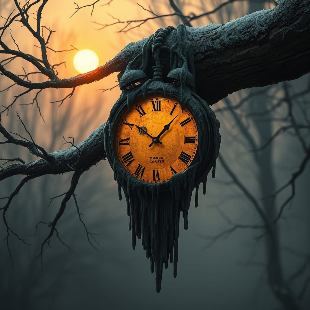 Surreal Melting Clock Blends with Sunset