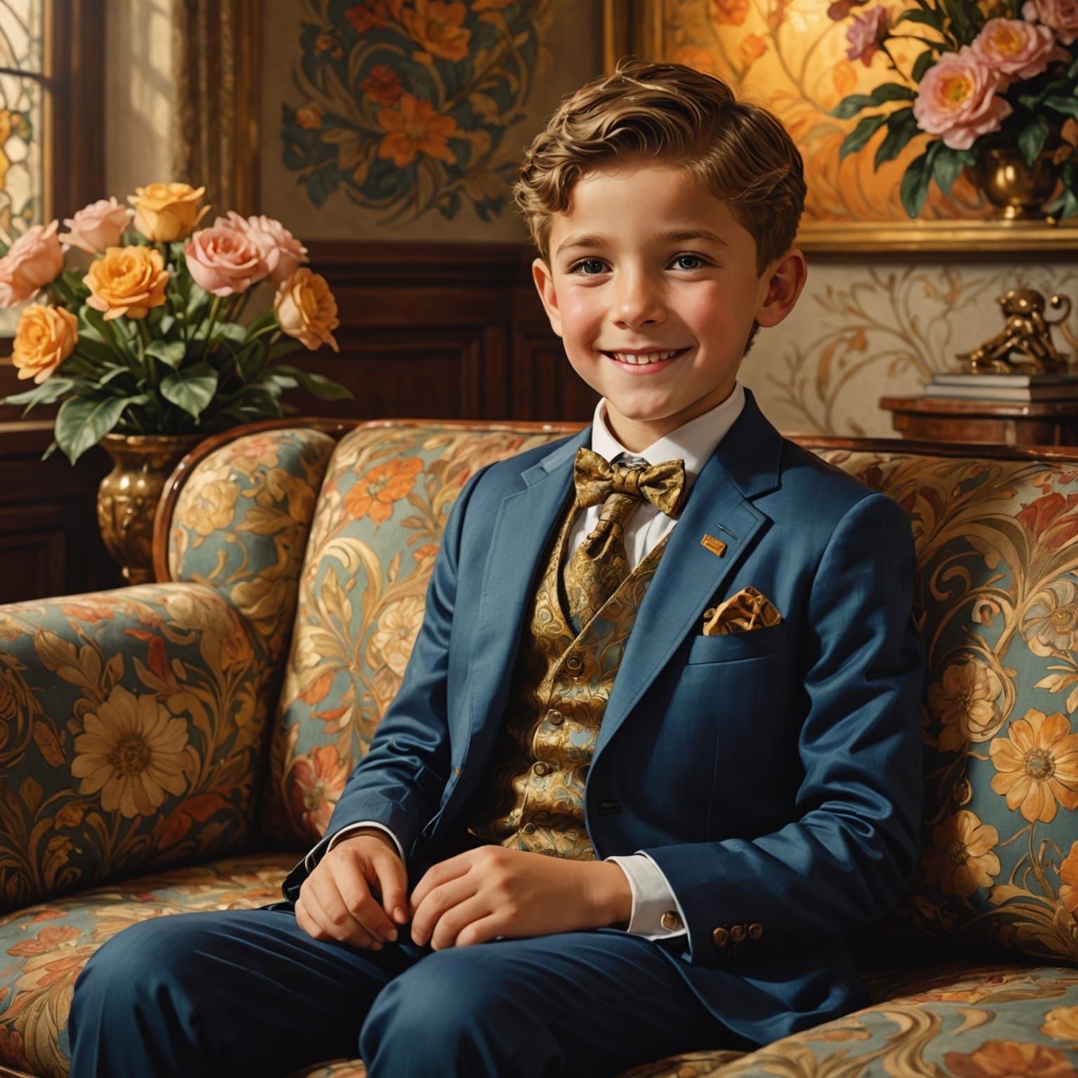 Creepy Child in Luxury Suit with Unsettling Smile