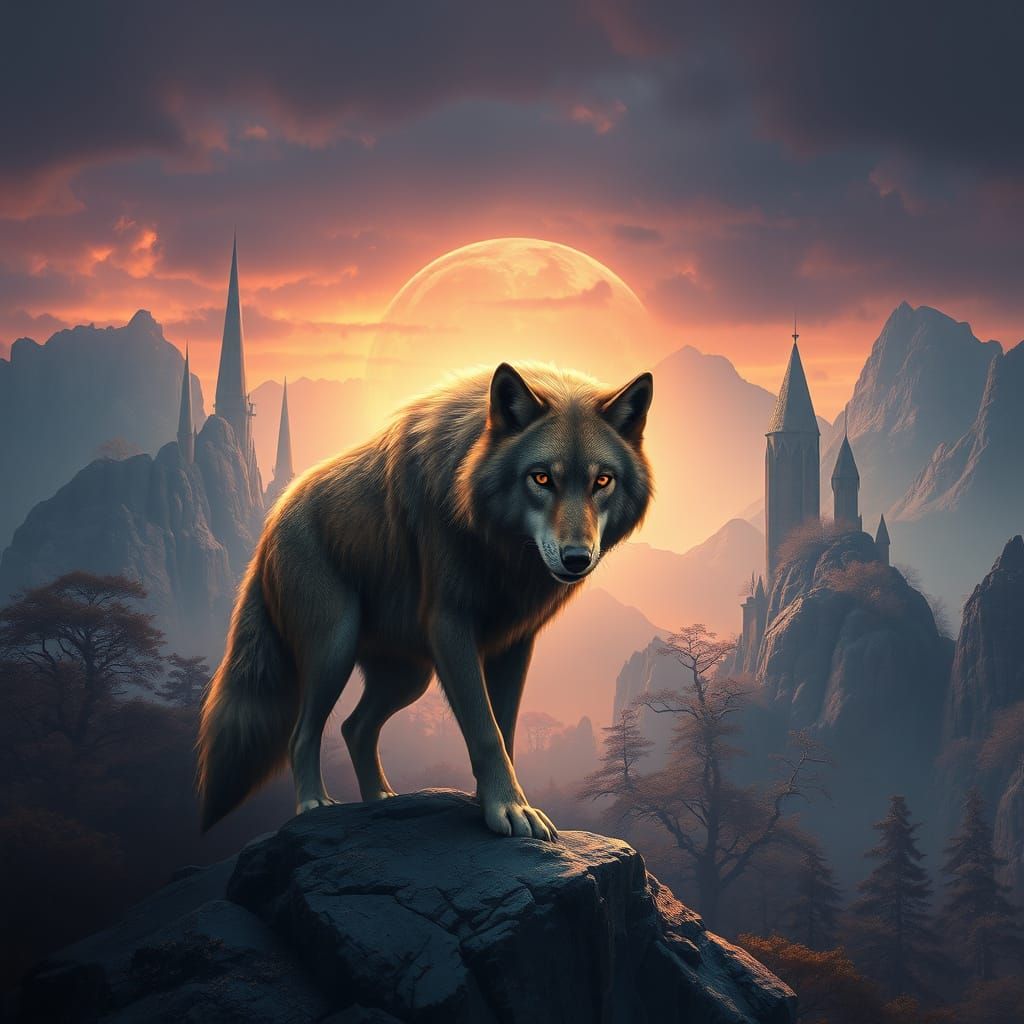 Regal Wolf Amidst Ancient, Glowing Trees