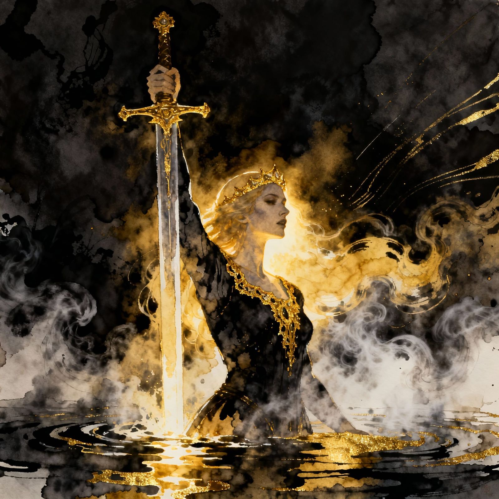 Spectral Lady of the Lake Holds Excalibur Sword
