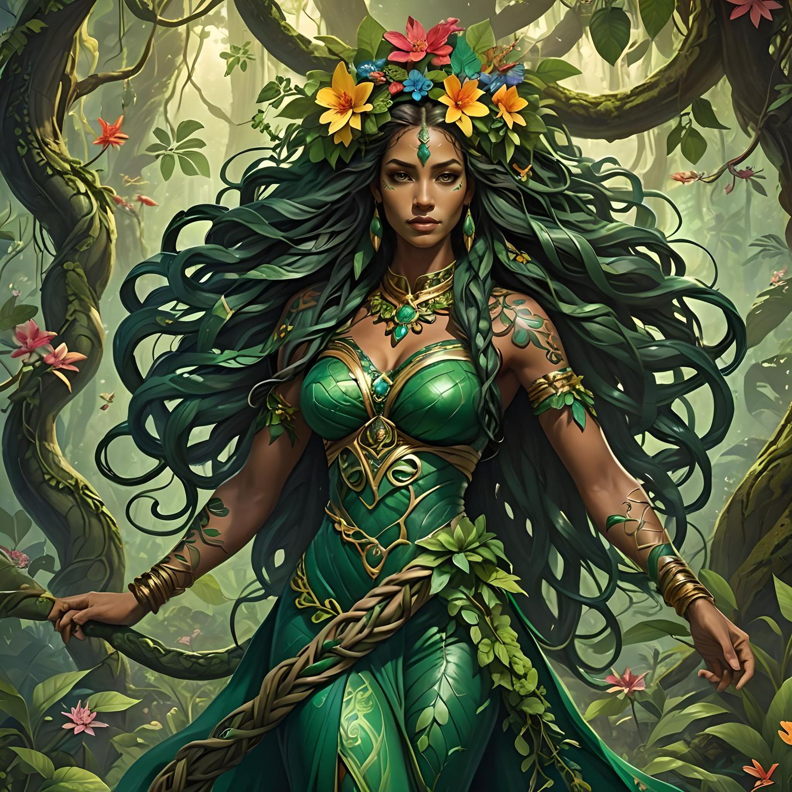 An all green amazing amazon forest , with vegetation, snakes...