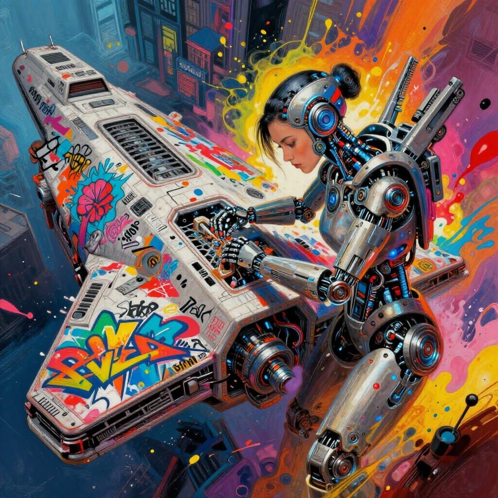 Robot Repairing Spaceship with Graffiti Art