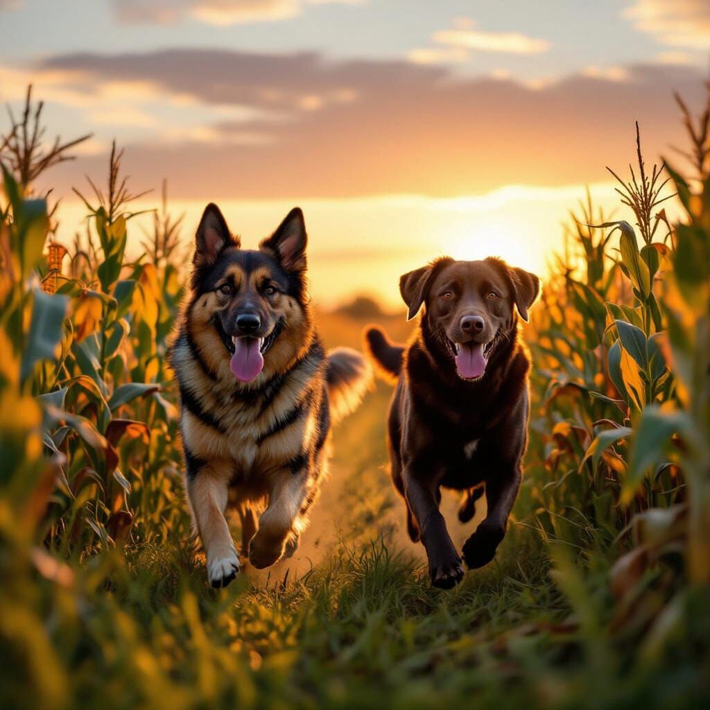 German Shepherd & Chocolate Lab Run Through Corn Meadow at S...