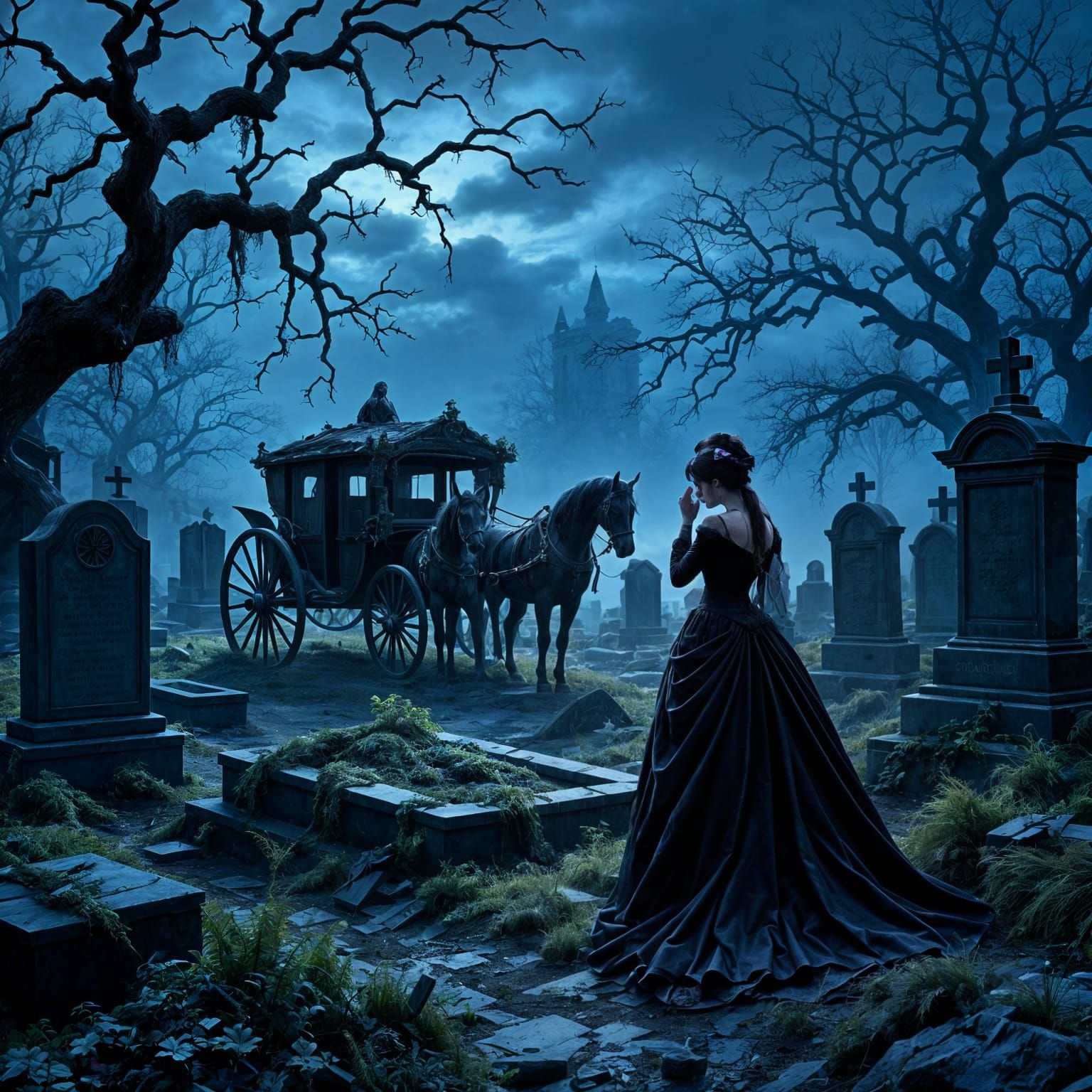 Melancholic Dusk Cemetery Scene with Spectral Carriage