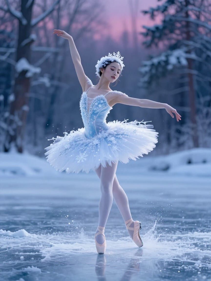 Ice Ballerina Dances on Frozen Lake in Snowy Forest