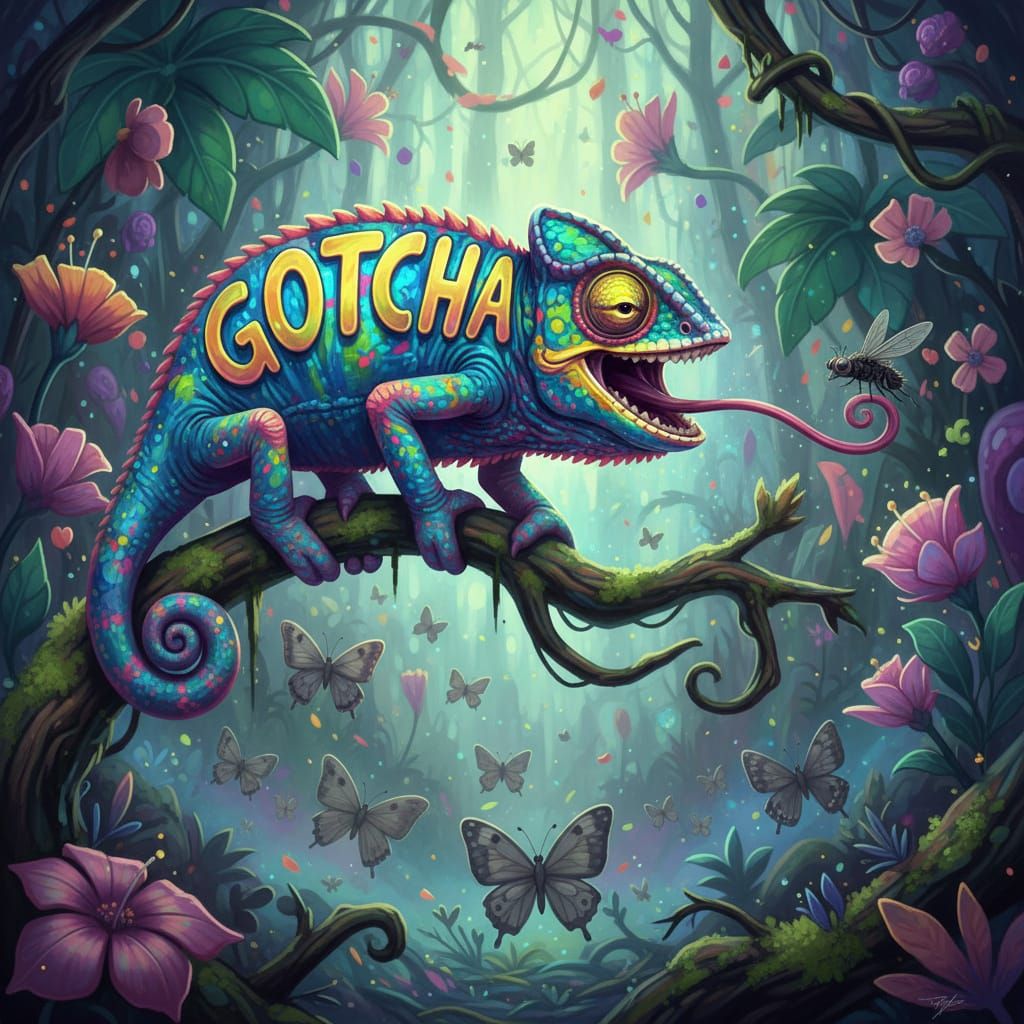 Laughing Chameleon with 'GOTCHA' on Body in Vibrant Rainfore...