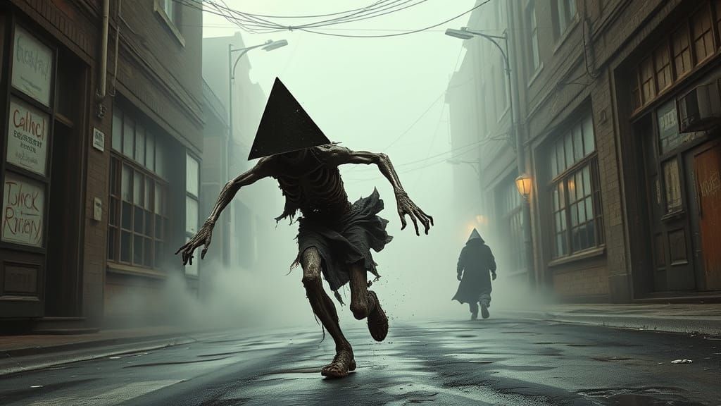 Decrepit Zombie Fleeing Pyramid Head in a Haunting Industria...