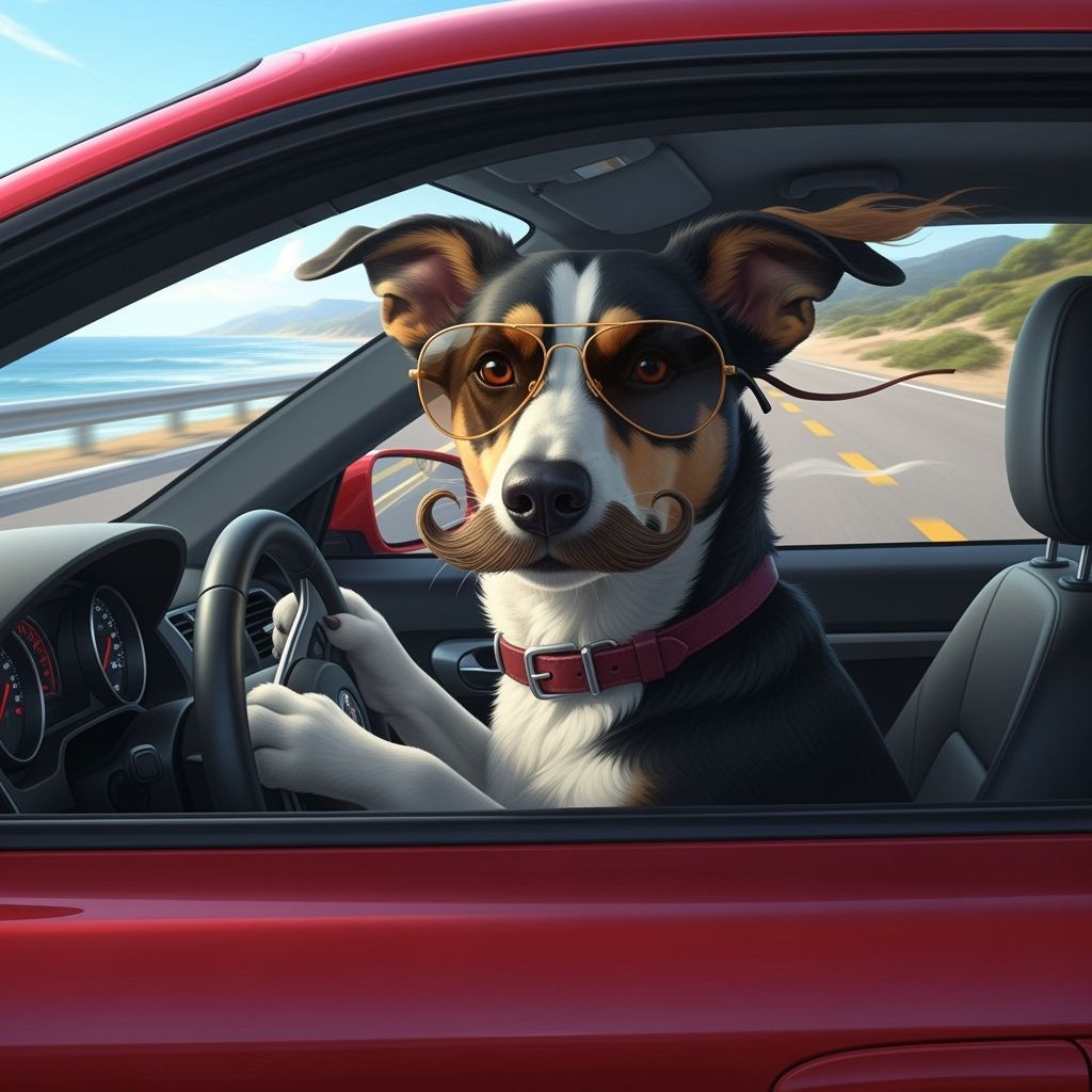 Dog Drives Sports Car in Photorealistic Style