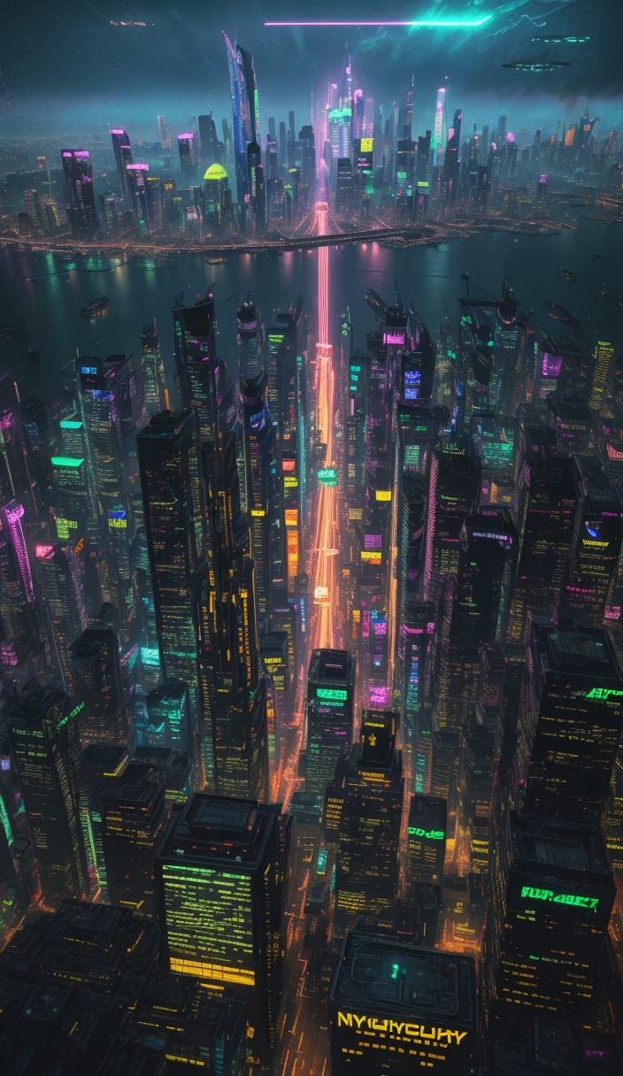 Cyberpunk Metropolis at Night: Neon and Flying Cars