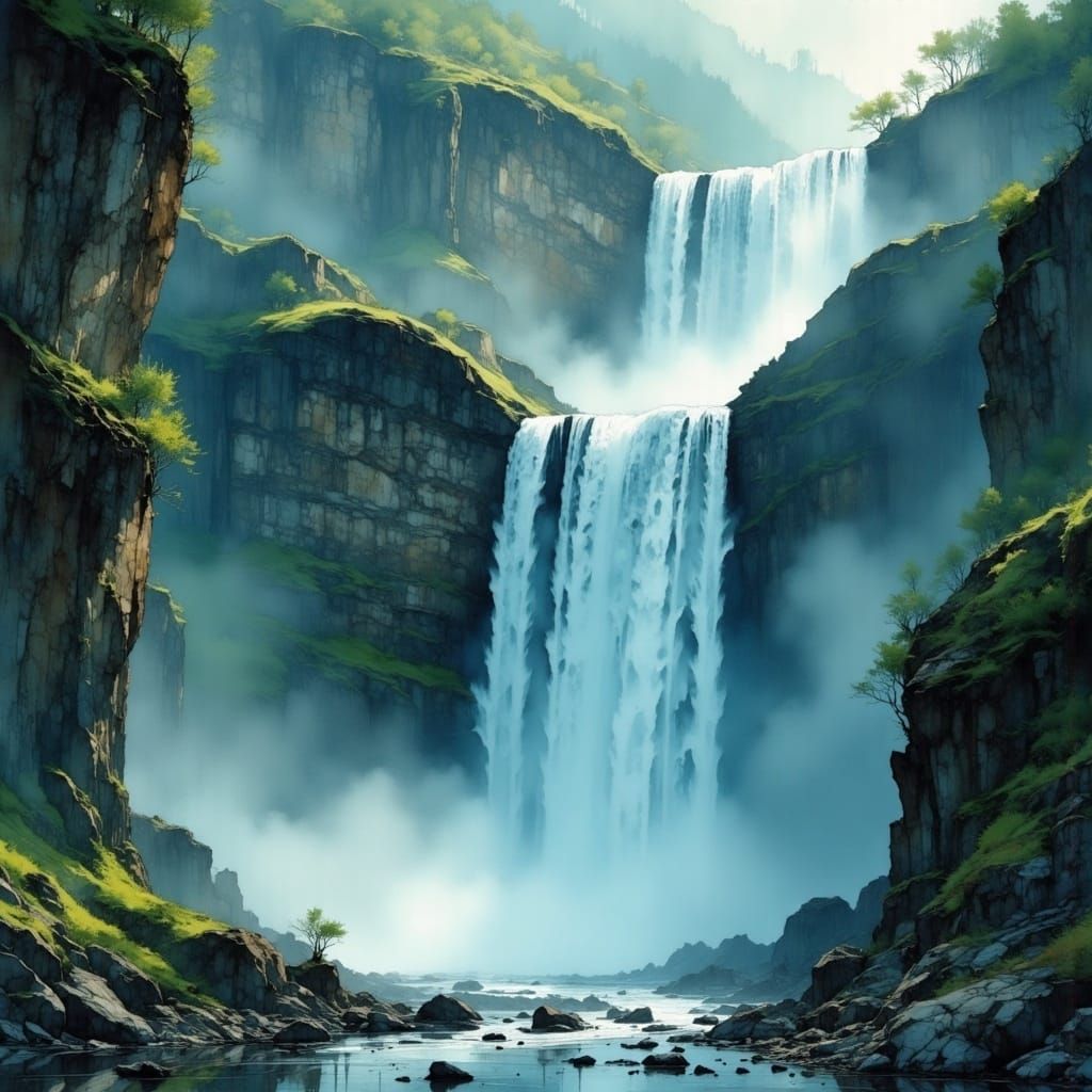 Lush Waterfall in Painterly Style, HDR Photograph