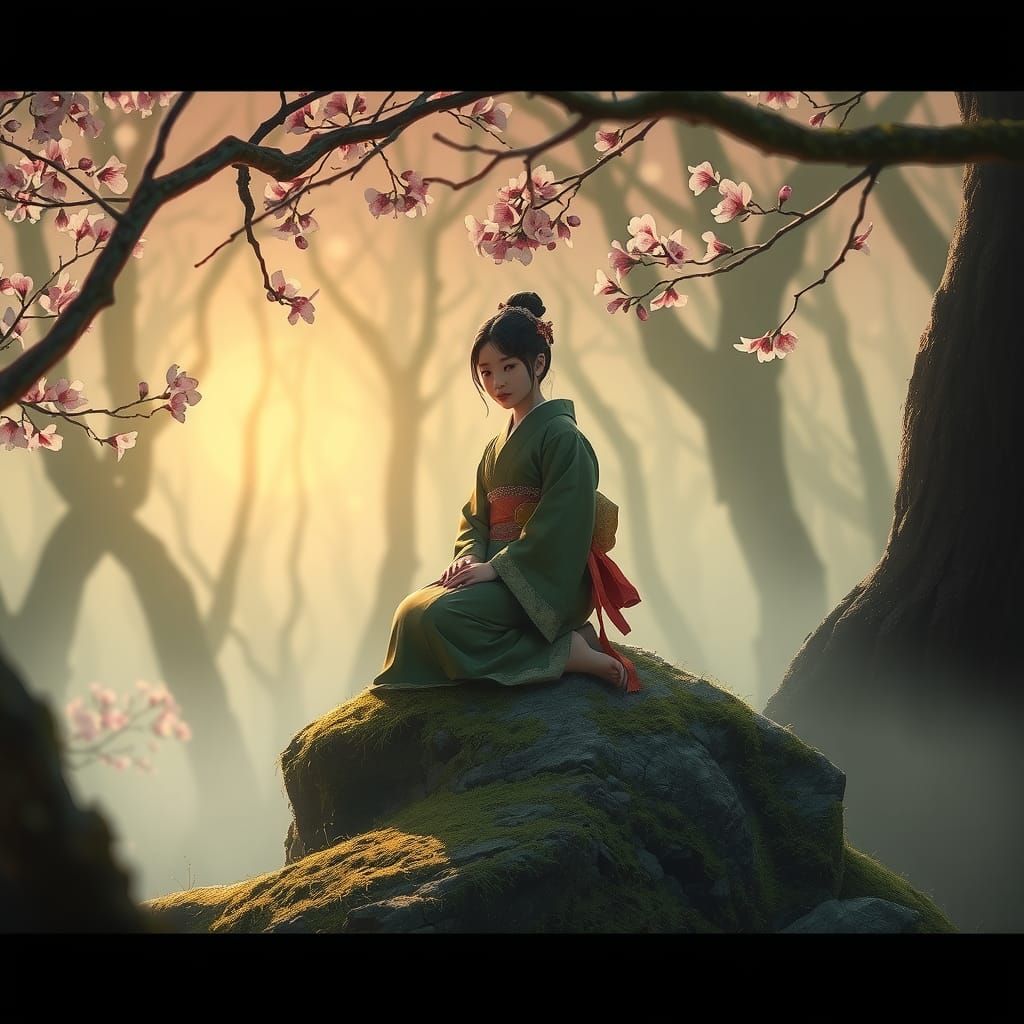 Girl in Ukiyo-e Style Amidst Cherry Blossoms