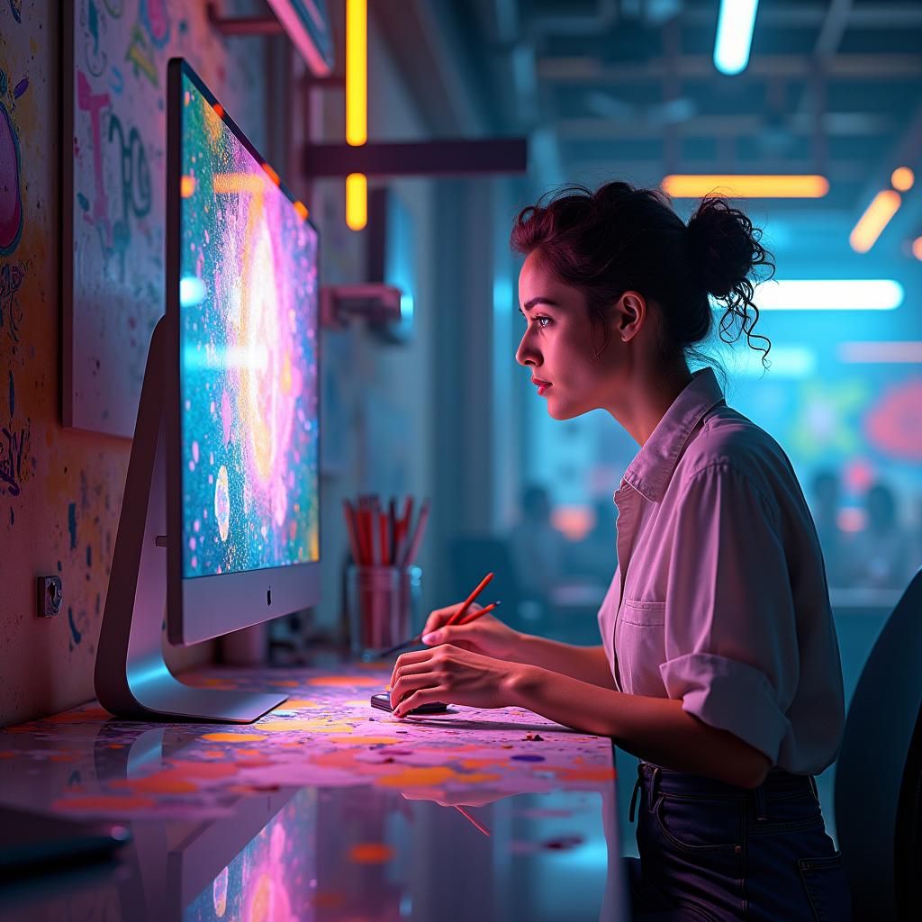 Futuristic Artist at Work in Neon Studio