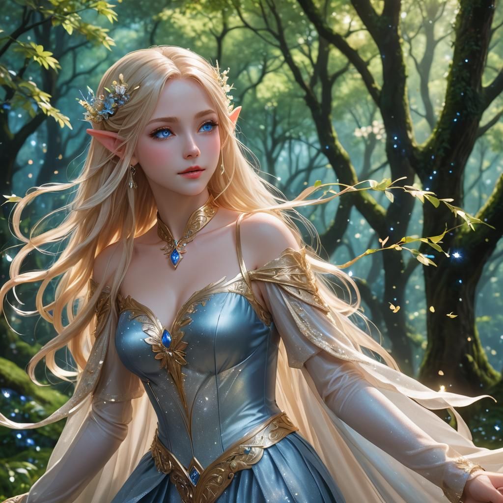 Anime Elf in Mystical Forest, 3D Art