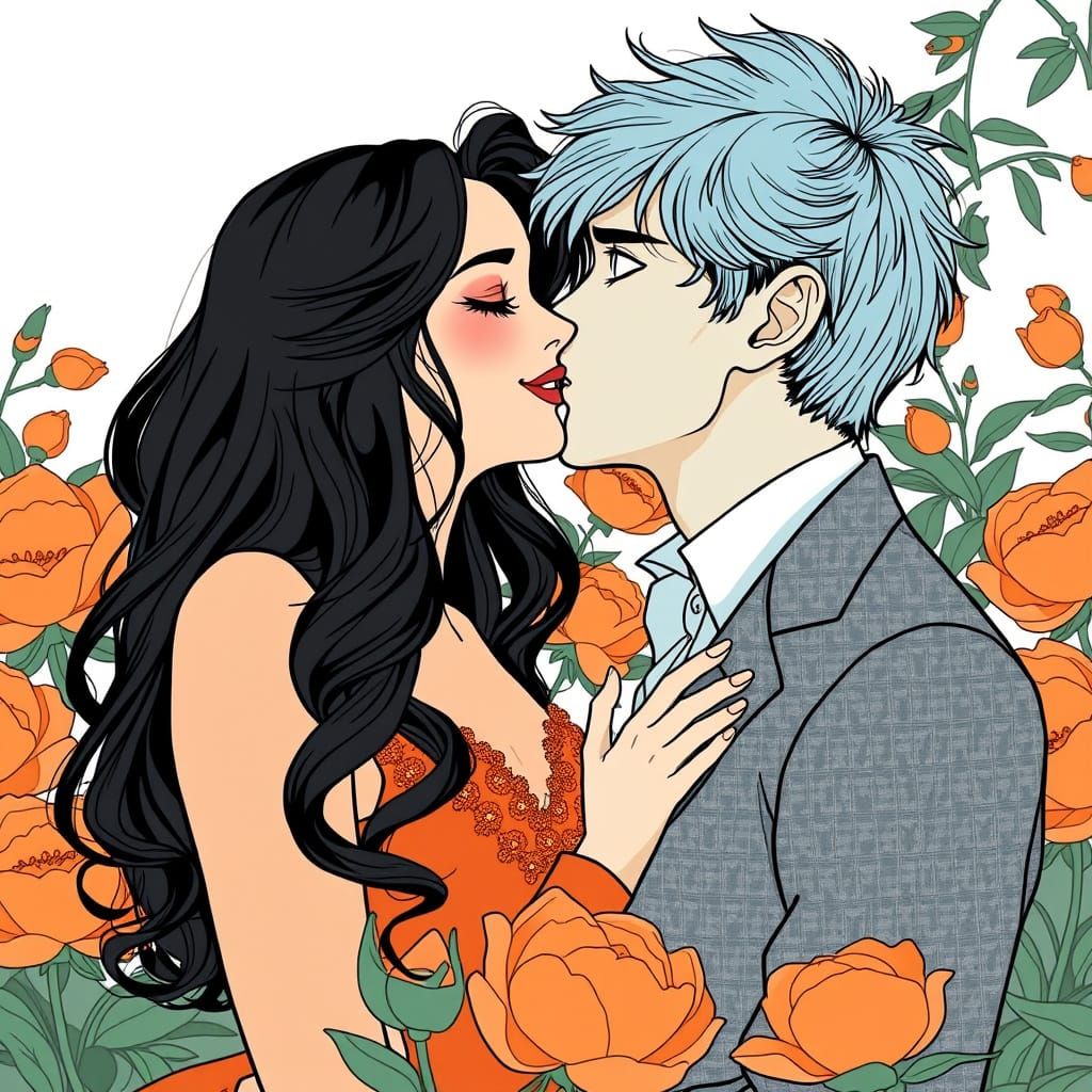 Romantic Couple in Elegant Black and White Line Art