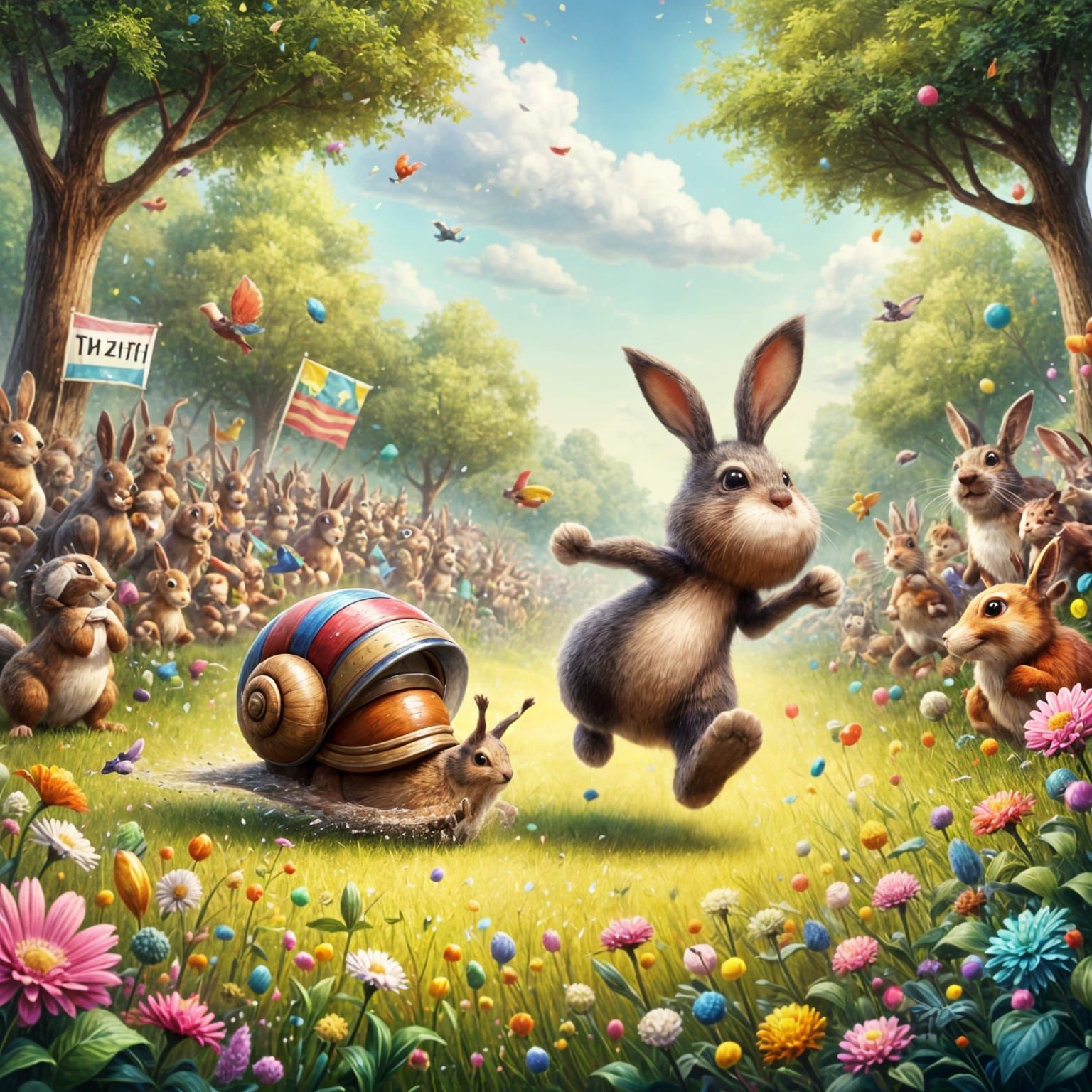 <lora:FiosFantasyGlow:1.0> <lora:Ultra Cute Flux:1.0> A whimsical race between a determined snail and a speedy hare, bot...