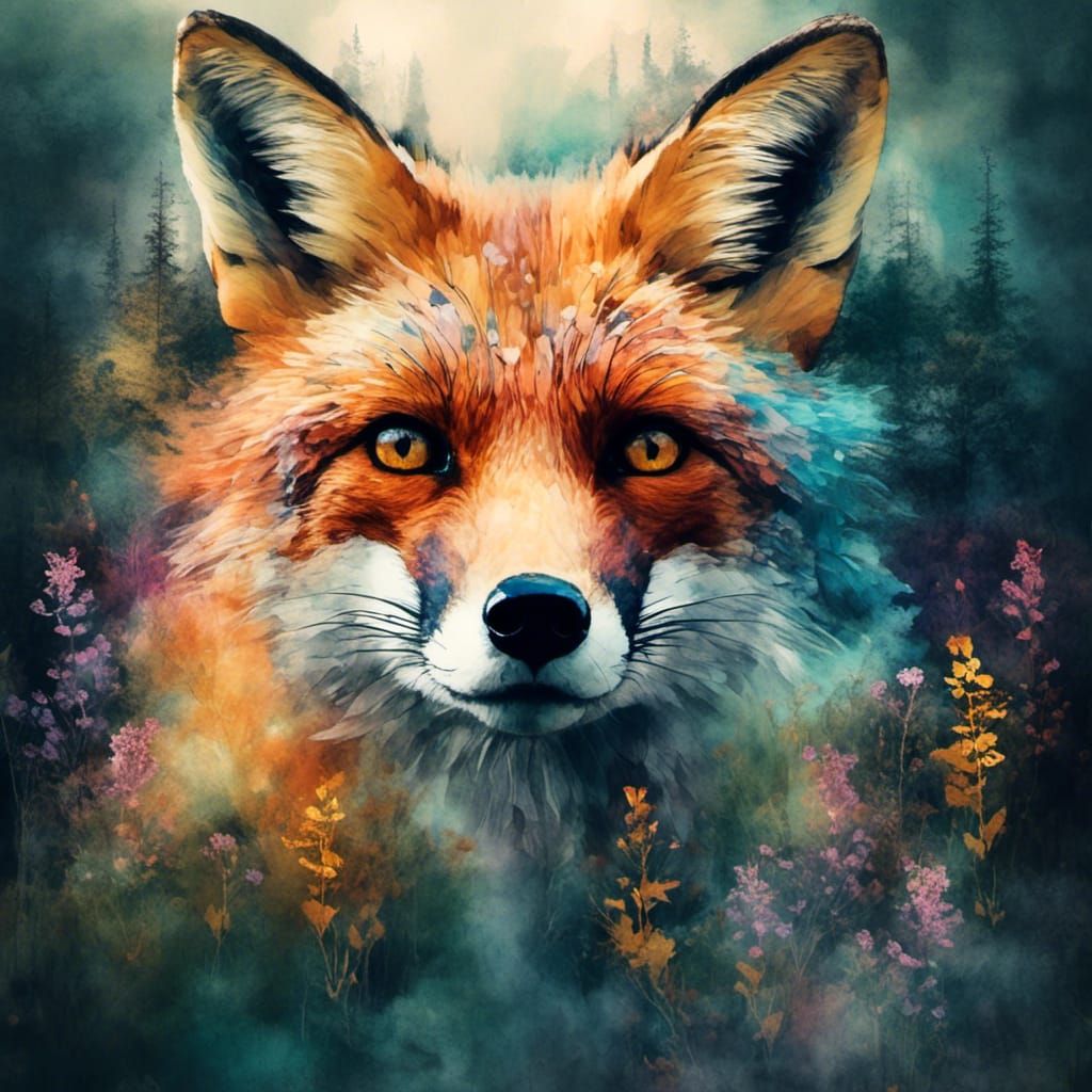 Fox Face with Bioluminescent Forest Double Exposure