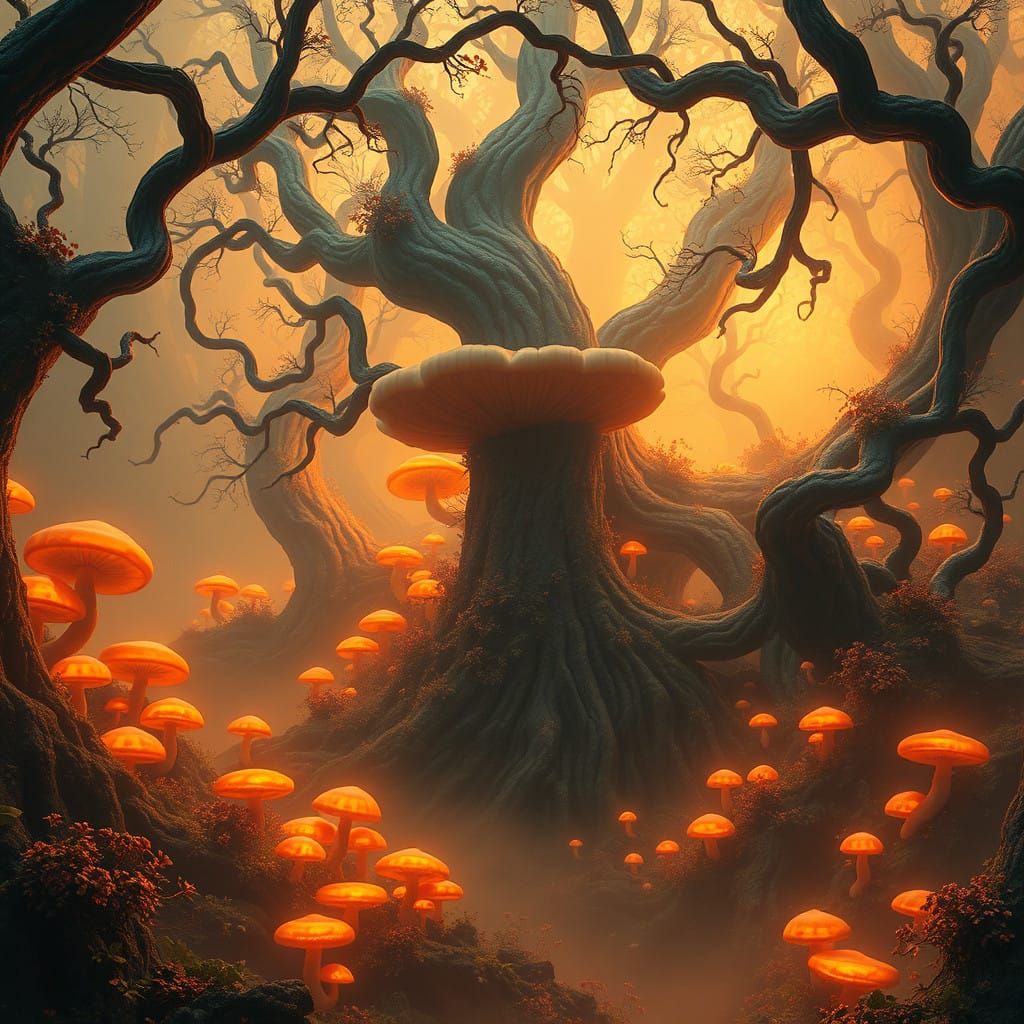 Vibrant Orange Landscape with Twisted Roots and Glowing Fung...