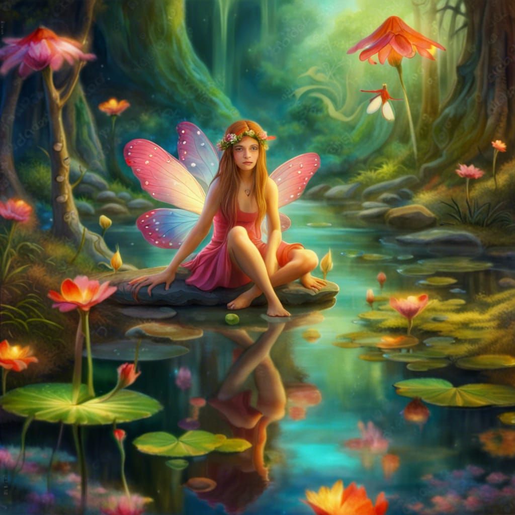 Fairy at Magical Pond: Colorful Digital Masterpiece
