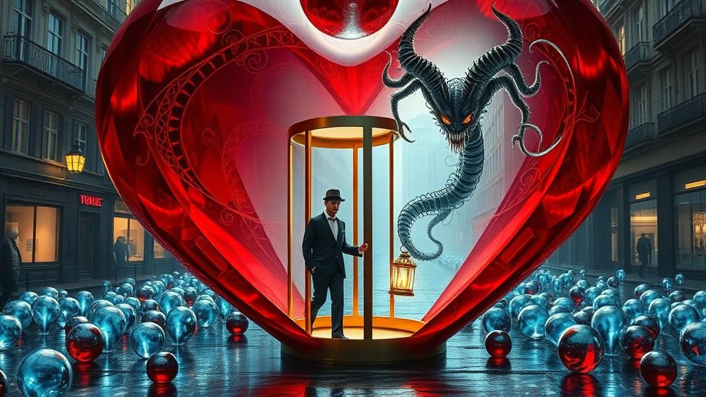 Crimson Heart Cityscape with Revolving Door in Surreal Style