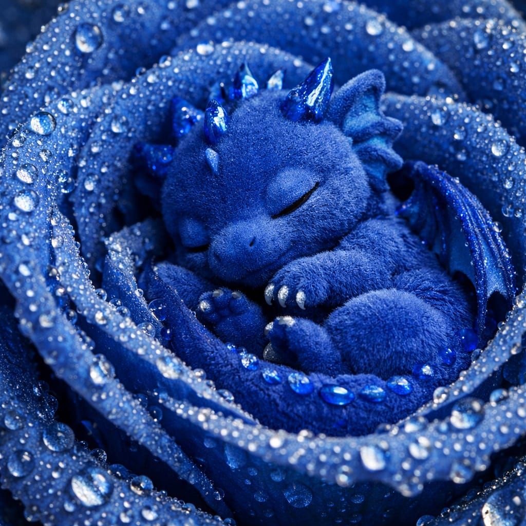 Cute Baby Blue Dragon Sleeps in Giant Blue Rose