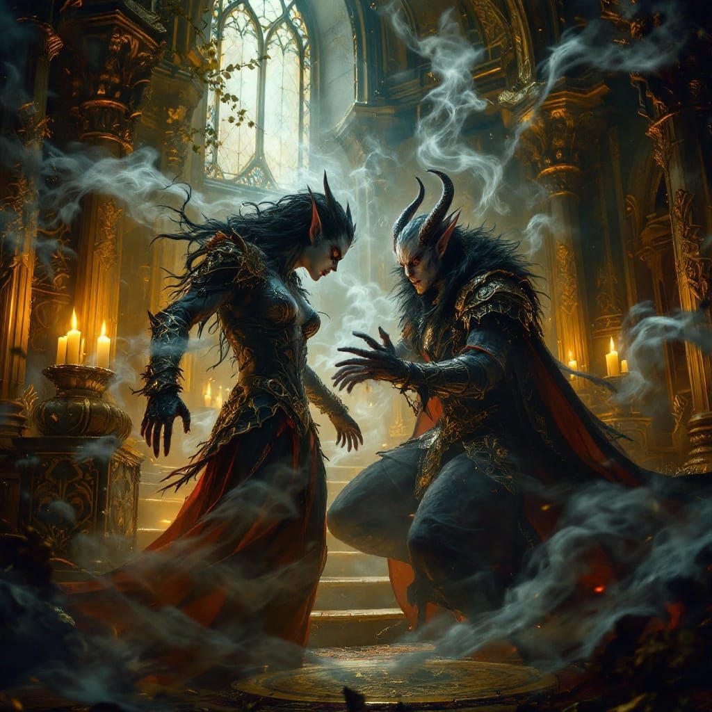 Tiefling Confronts Thief in Opulent Treasure Room