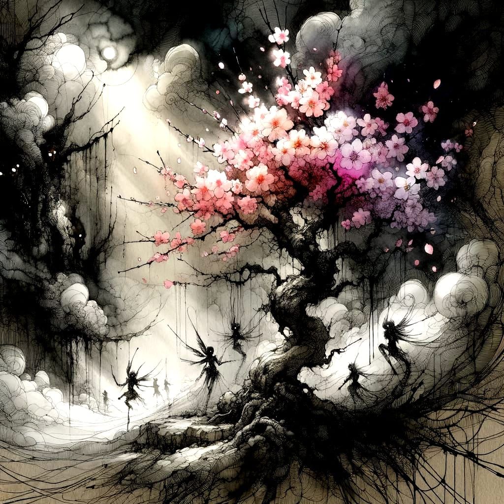 Whimsical Dark Fantasy Scene with Sakura Tree