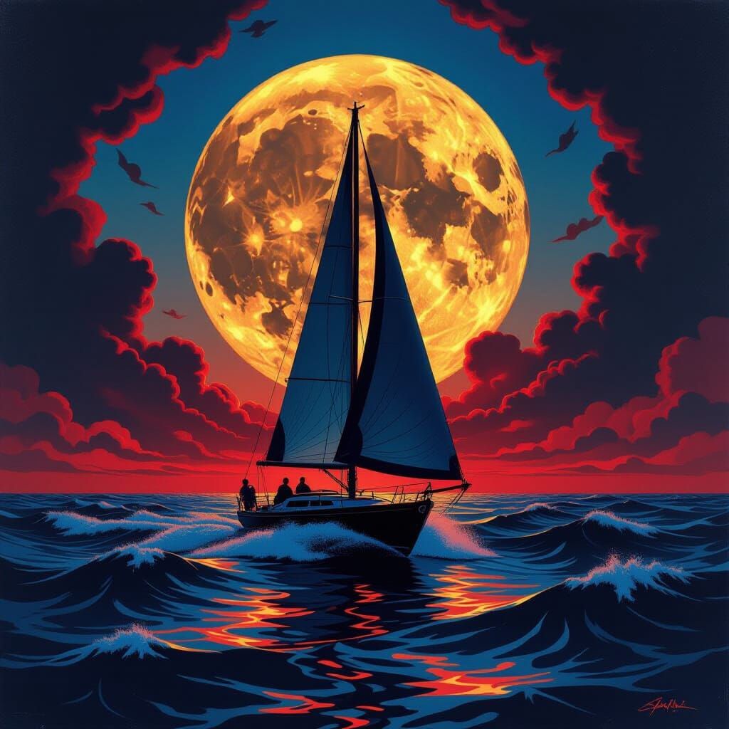 Fiery Moonlit Sailboat on Turbulent Waves