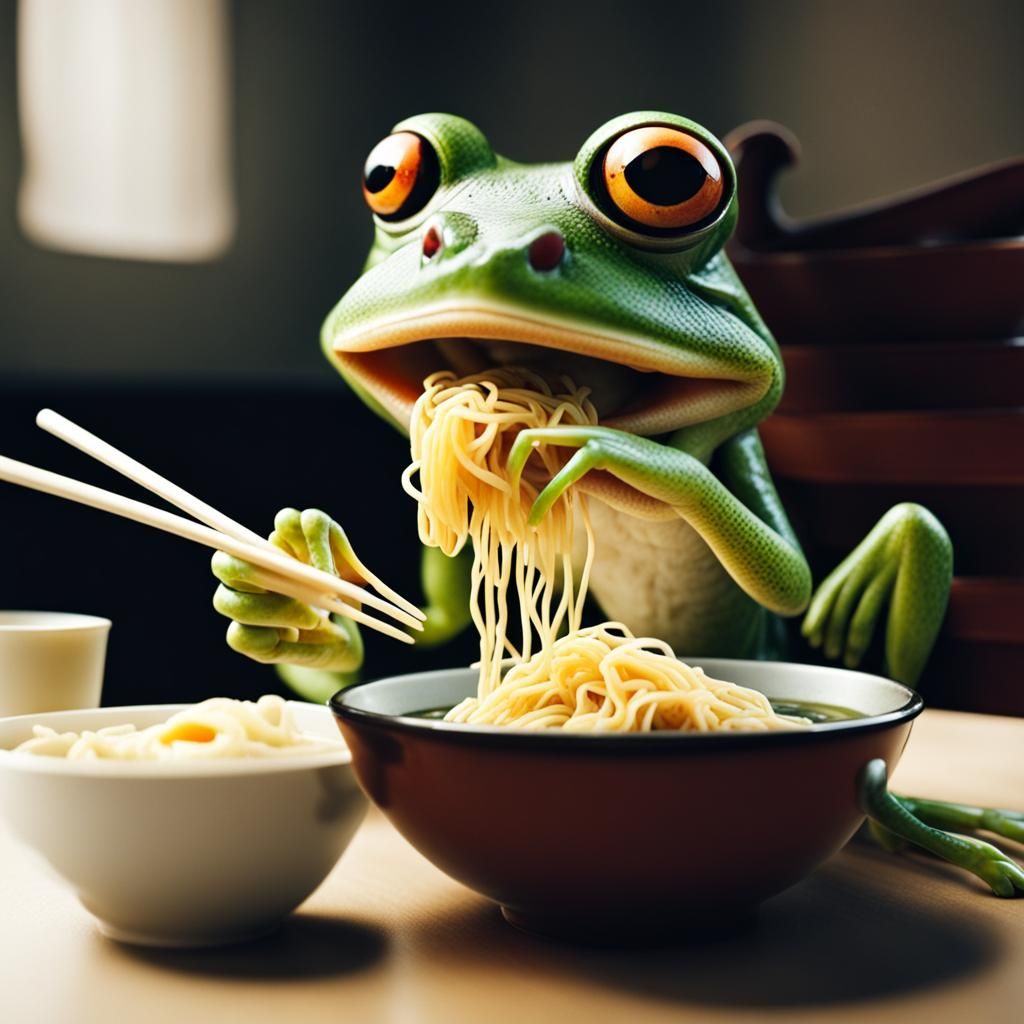 A frog sitting at a table eating a bowl of Ramen noodles