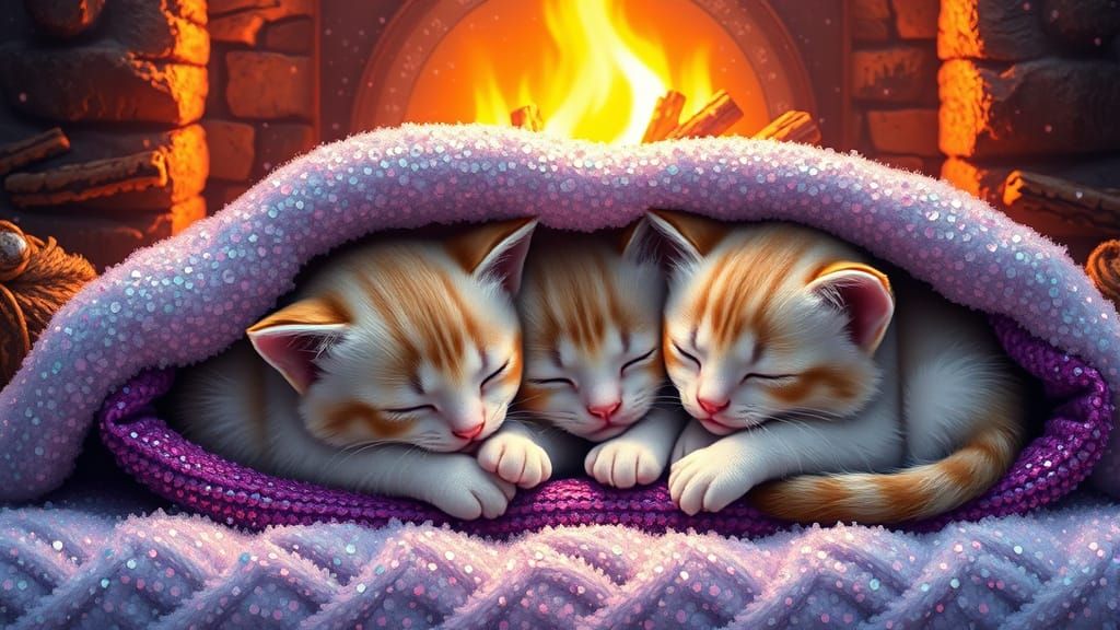 Cozy Chibi Kittens Snuggled Under Sequined Blanket