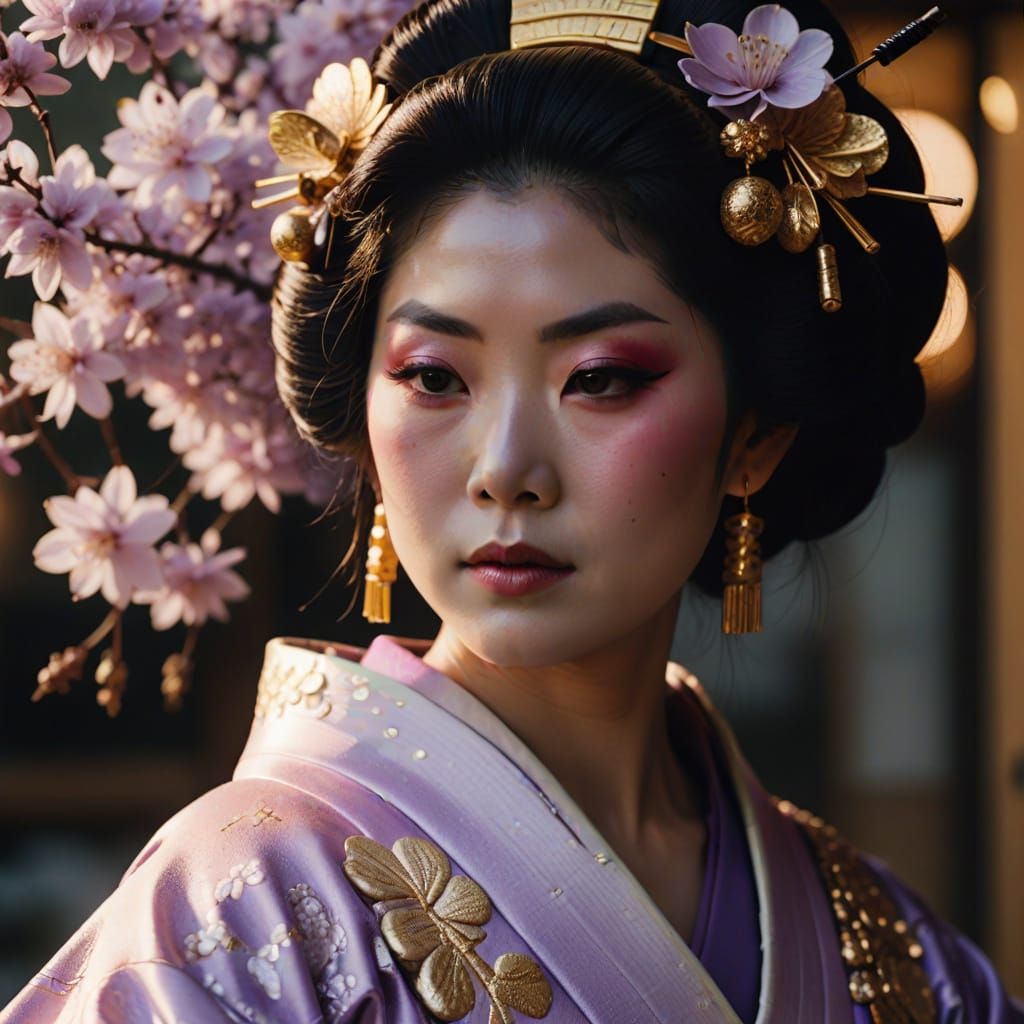 Geisha in Lilac: Hyperrealistic Digital Art Portrait
