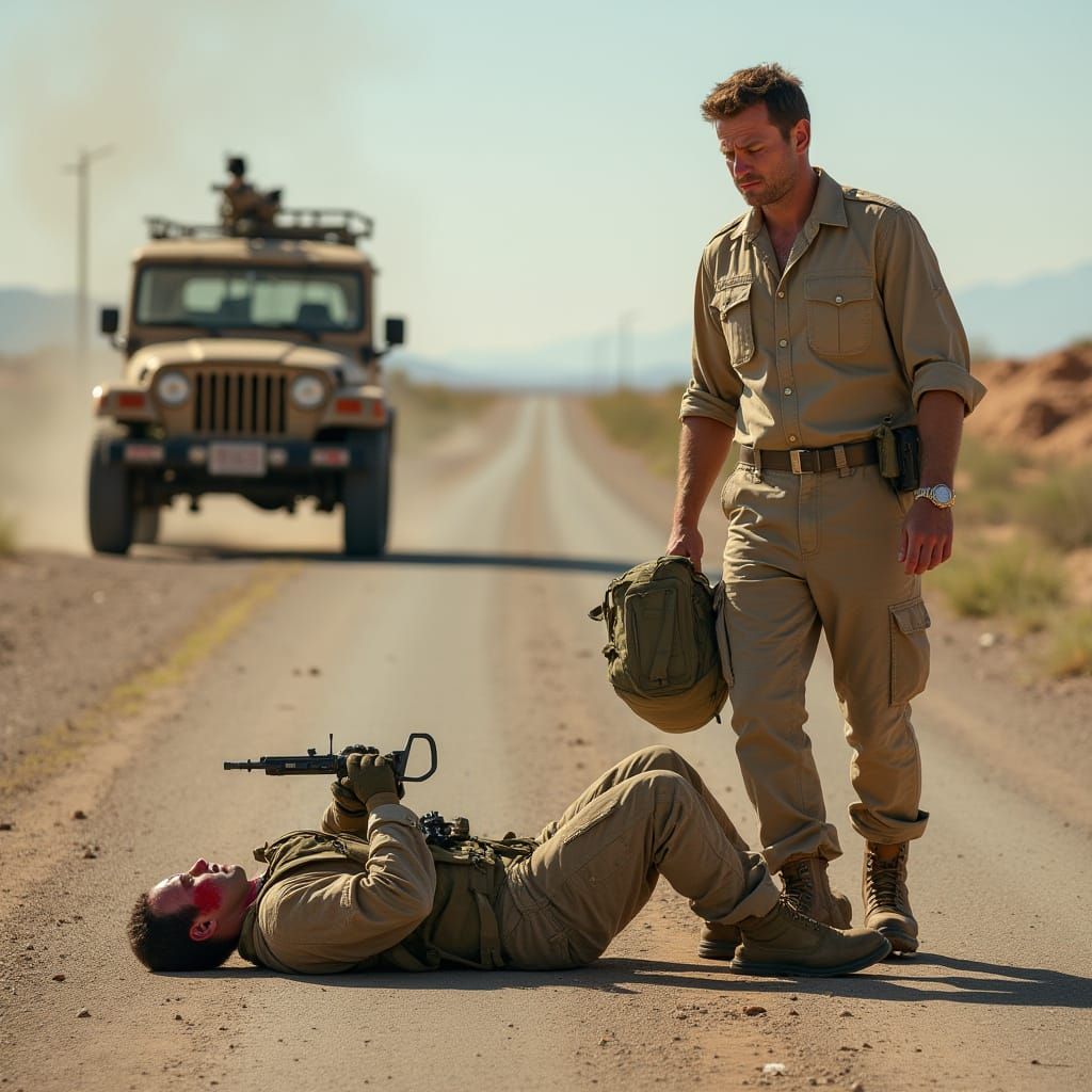 Soldier in Badlands with Medical Bag and Burning Jeep