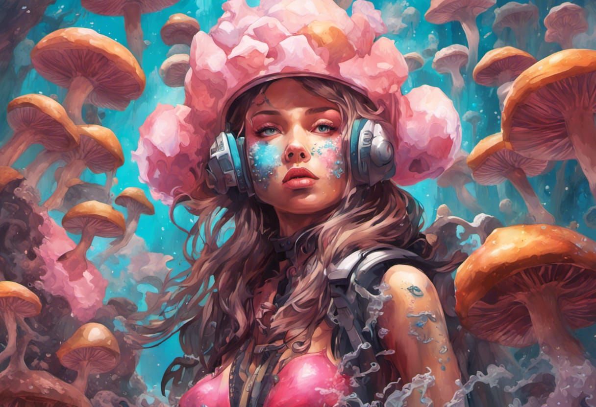 Cyborg Girl Underwater with Mushrooms in Graffiti Art Style