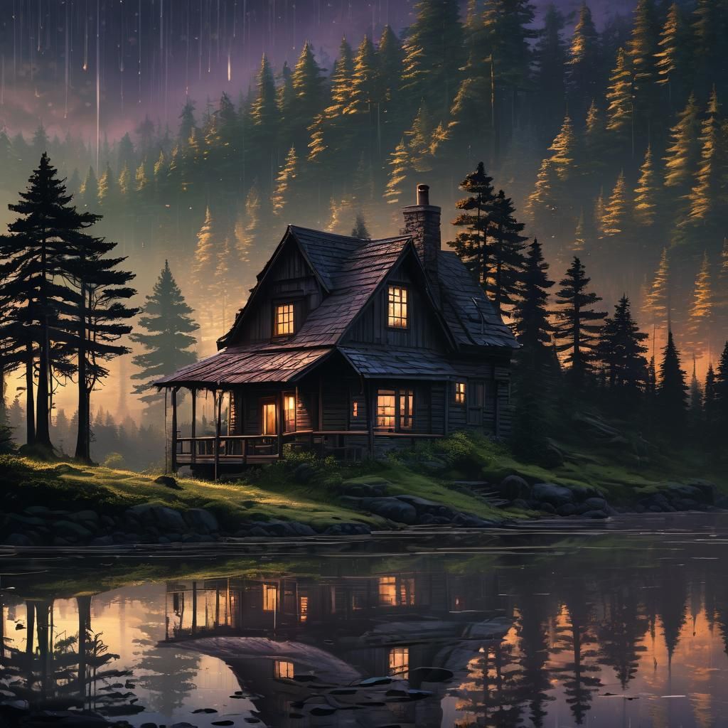 Secluded Mountain Cabin at Sunset, Digital Art